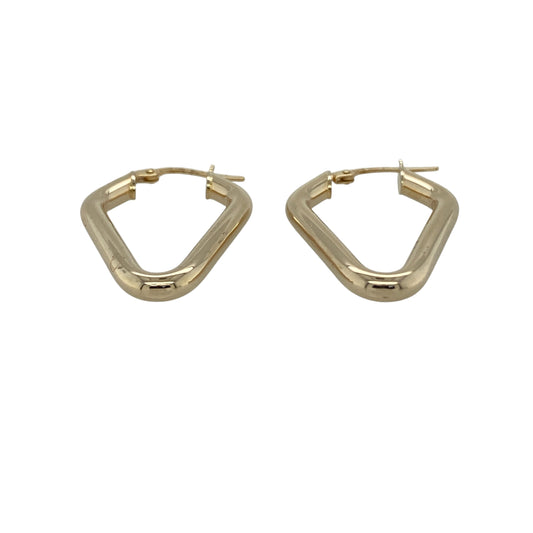 Add subtle geometric elegance to your jewellery collection with these pre-owned 9ct yellow gold rounded diamond shape creole earrings—an eye-catching alternative to classic hoops.

Design: The earrings feature a rounded diamond-shaped silhouette, offering a softly structured look that combines clean lines with gentle curves. The distinctive shape adds modern flair while remaining timeless and easy to wear.