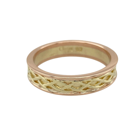 Celebrate heritage and timeless design with this pre-owned 9ct yellow and rose gold Clogau Celtic weave band ring—an elegant and meaningful piece perfect for everyday wear.

Design: The band measures approximately 5mm wide and features an intricate Celtic weave pattern flowing around the ring. The detailed design symbolises eternity and interconnectedness, creating a bold yet refined profile on the hand.