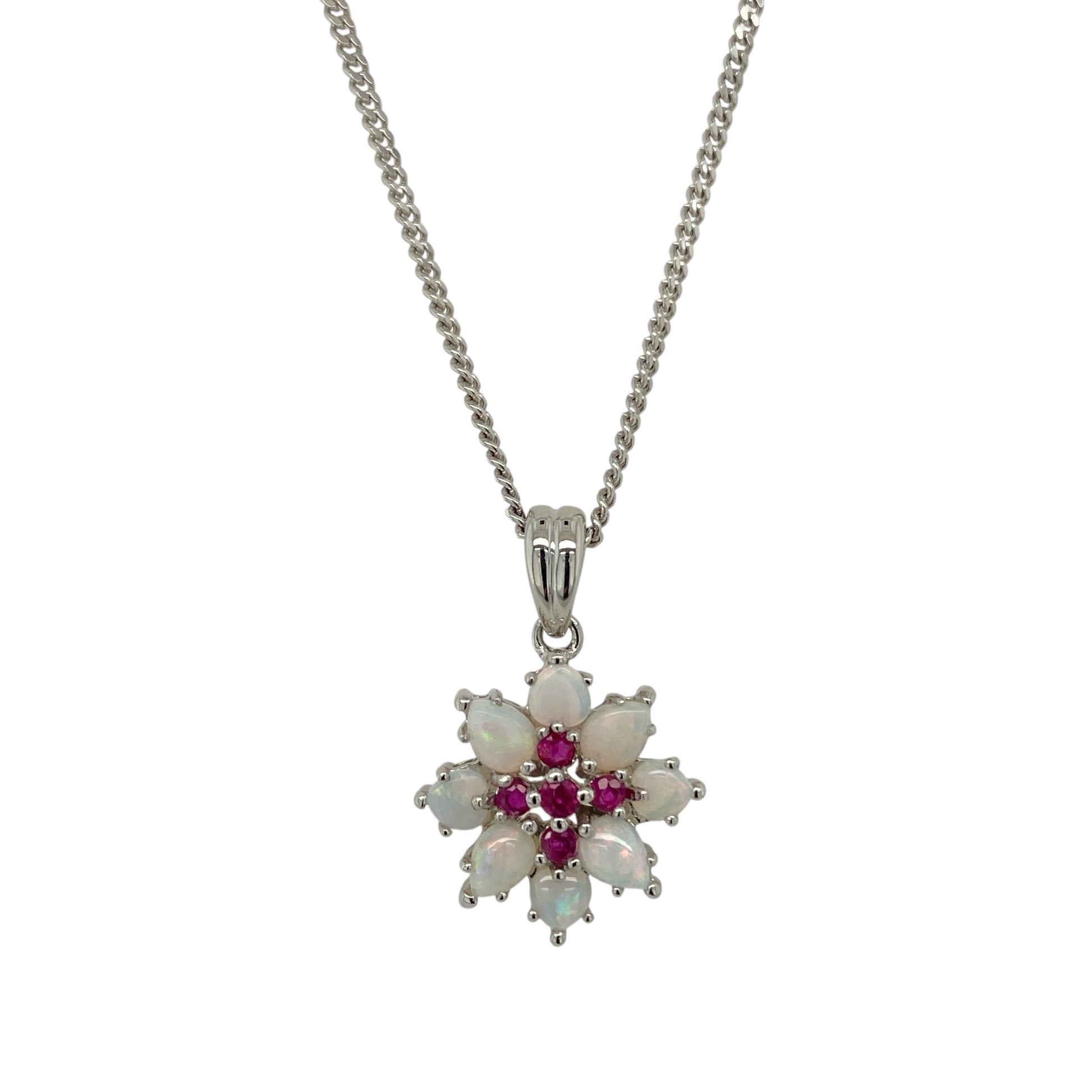 9ct White Gold Opal & Ruby Set Flower 18" Necklace