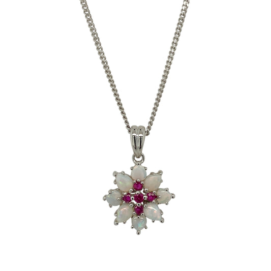 9ct White Gold Opal & Ruby Set Flower 18" Necklace