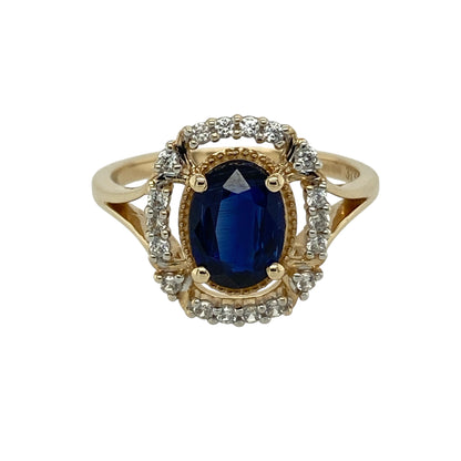 9ct Gold Blue Stone & Cubic Zirconia Set Halo Ring