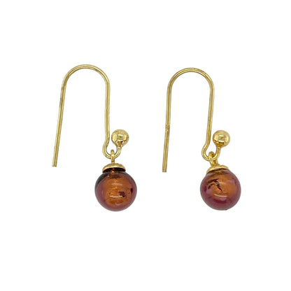 9ct Gold & Brown/Purple Glass Style Ball Drop Earrings