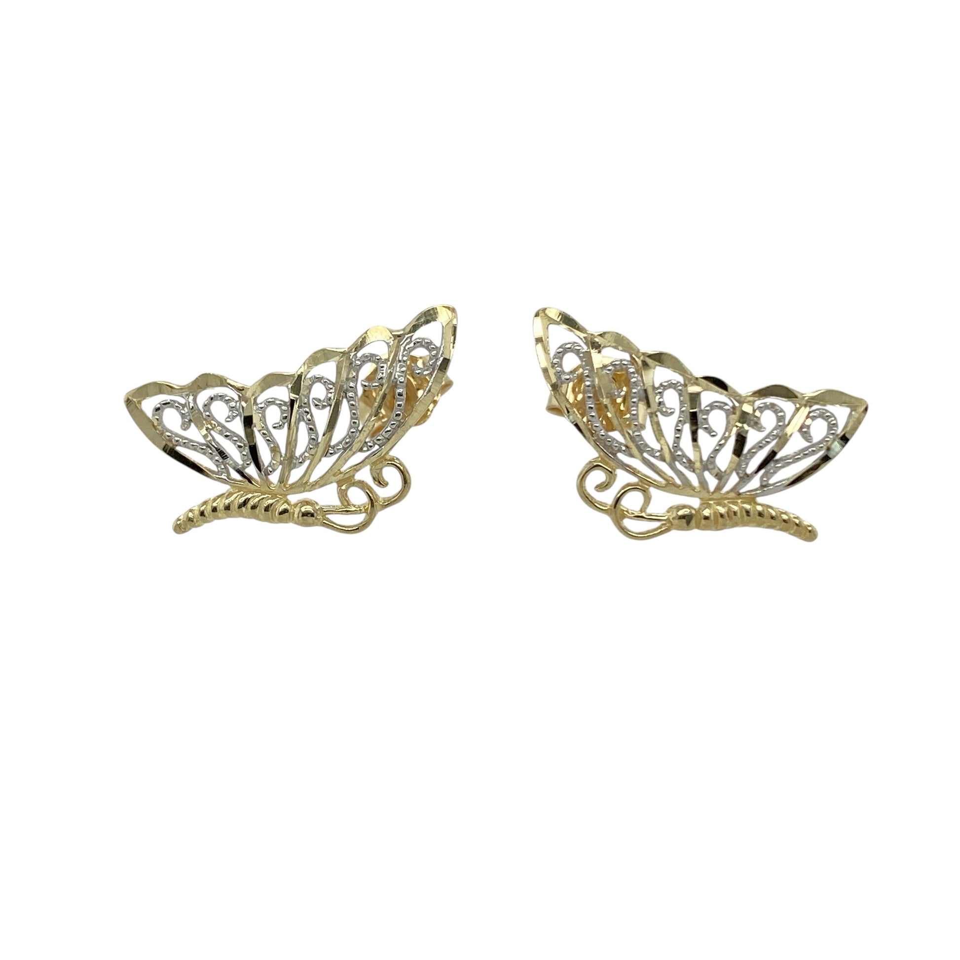 Add delicate charm to your jewellery collection with these pre-owned 9ct yellow and white gold butterfly wings stud earrings, featuring a unique split butterfly design—perfect for everyday wear or a thoughtful gift.

Design: Each stud represents one half of a butterfly, so when worn together they form a complete butterfly across both ears. The contrasting wing design gives a graceful and playful look, capturing the beauty and symbolism of a butterfly in flight.
