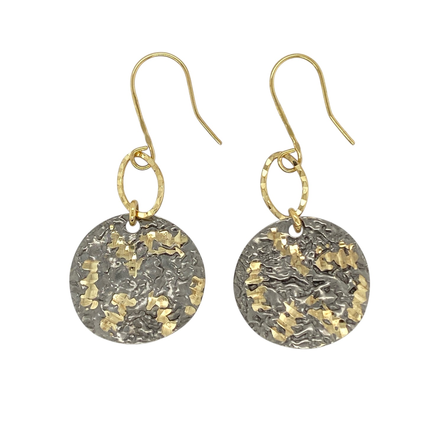 9ct Gold Patterned Textured Round Disc Drop Earrings