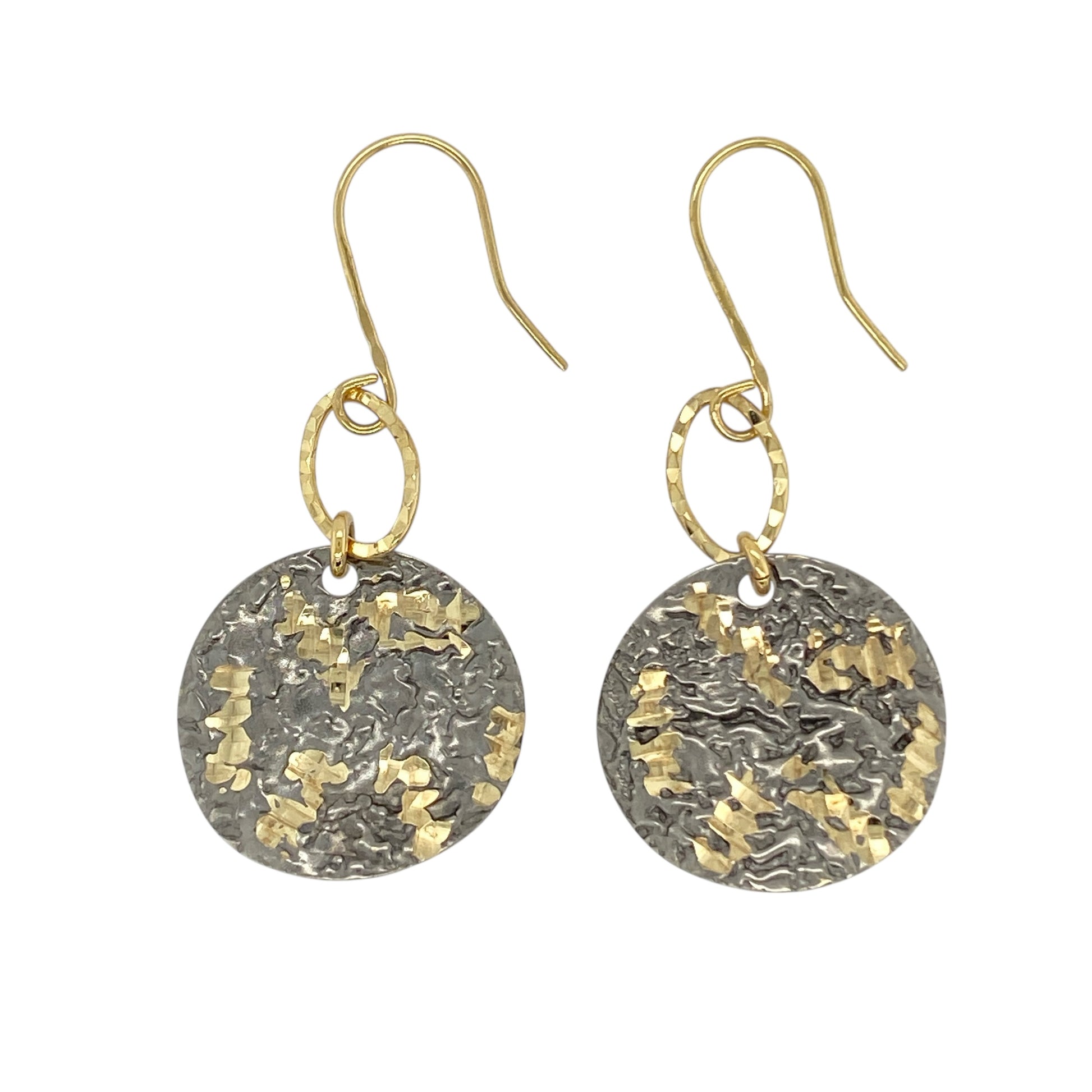 9ct Gold Patterned Textured Round Disc Drop Earrings