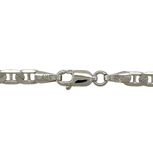 Add bold style and durability to your jewellery collection with this pre-owned 9ct white gold 20" anchor chain, featuring substantial links and a classic nautical-inspired design—perfect for wearing alone or pairing with a statement pendant.

Design: The chain features traditional anchor links measuring approximately 4mm in width, creating a strong and distinctive profile. The structured link style offers excellent light reflection while maintaining a clean and timeless look.