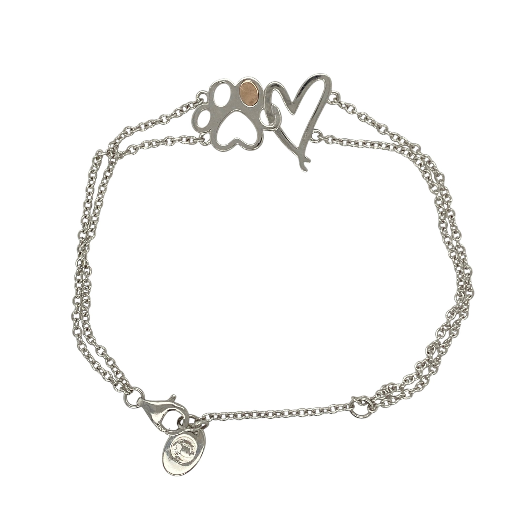 925 Silver Clogau Paw Print Heart 6.5" - 7.5" Bracelet