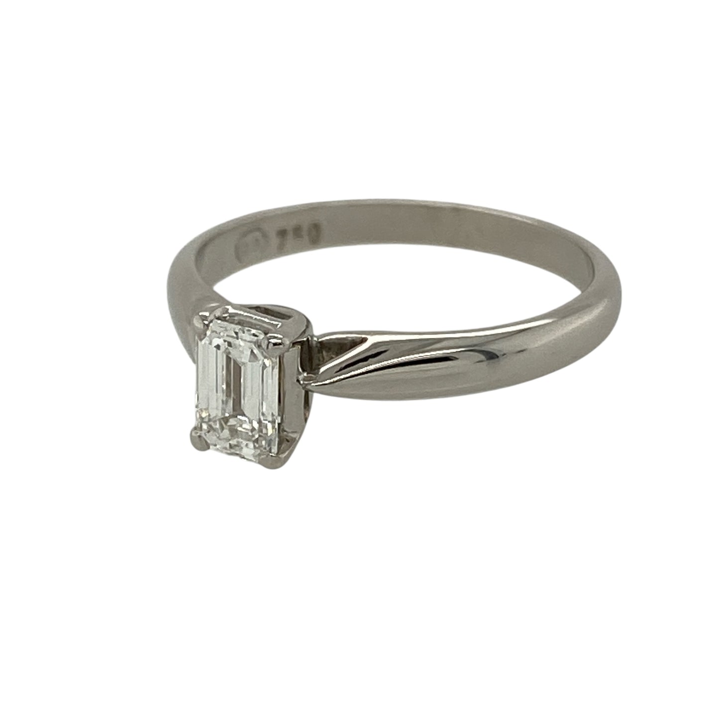 Experience refined elegance with this pre-owned 18ct white gold emerald cut diamond solitaire ring, showcasing a beautifully proportioned diamond with timeless sophistication—perfect as an engagement ring or elegant statement piece.

Design: The ring features a striking emerald cut diamond at the centre with approximately 0.50ct diamond weight.