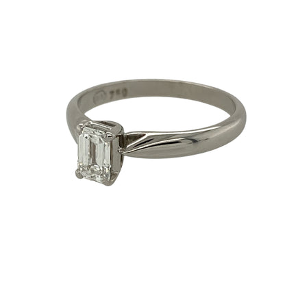 Experience refined elegance with this pre-owned 18ct white gold emerald cut diamond solitaire ring, showcasing a beautifully proportioned diamond with timeless sophistication—perfect as an engagement ring or elegant statement piece.

Design: The ring features a striking emerald cut diamond at the centre with approximately 0.50ct diamond weight.