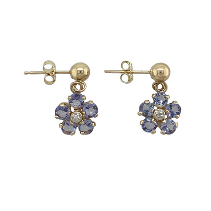 9ct Gold Diamond & Tanzanite Set Flower Drop Earrings