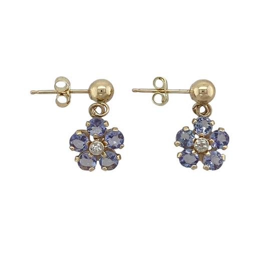 9ct Gold Diamond & Tanzanite Set Flower Drop Earrings