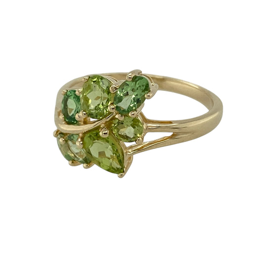 Add natural-inspired elegance and vibrant colour to your jewellery collection with this pre-owned 9ct yellow gold multi green stone leaf style ring, featuring an eye-catching organic design—perfect as a statement dress ring or unique everyday piece.

Design: The ring features a flowing leaf style design across the front measuring approximately 14mm high, adorned with multiple green stones in varying shades.