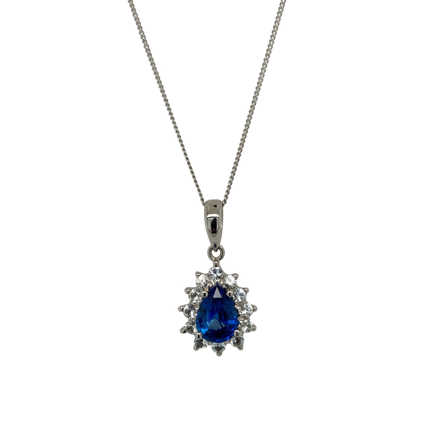 18ct White Gold Sapphire & White Topaz Teardrop Cluster 18" Necklace