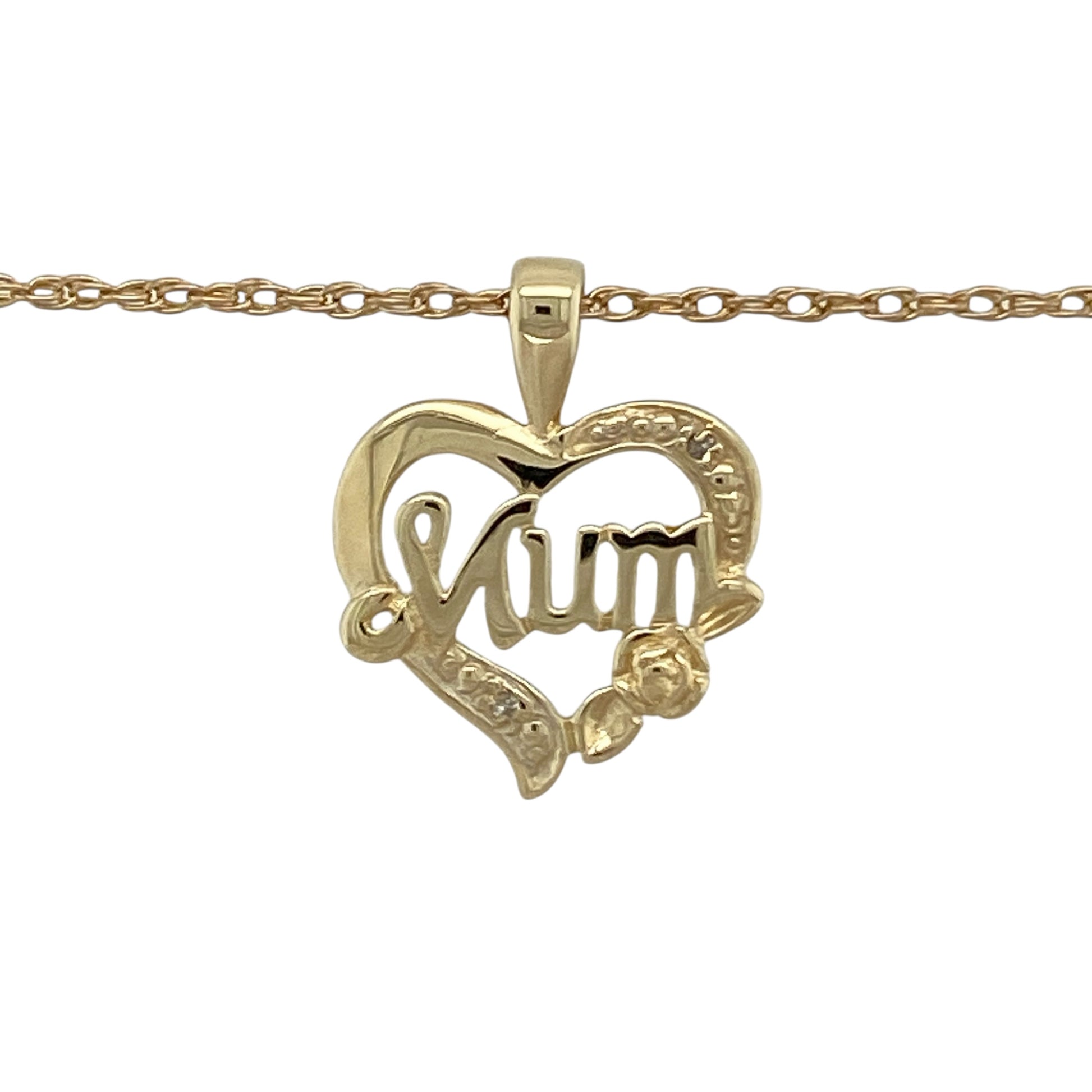 Celebrate love and appreciation with this pre-owned 9ct yellow gold diamond set Mum heart pendant necklace, featuring a meaningful and elegant design—perfect as a thoughtful gift for a special mother.

Design: The pendant is styled in a classic heart shape with the word “Mum” incorporated into the design and accented with sparkling diamonds. Measuring approximately 2cm in length including the bail, the pendant offers a noticeable yet elegant presence.