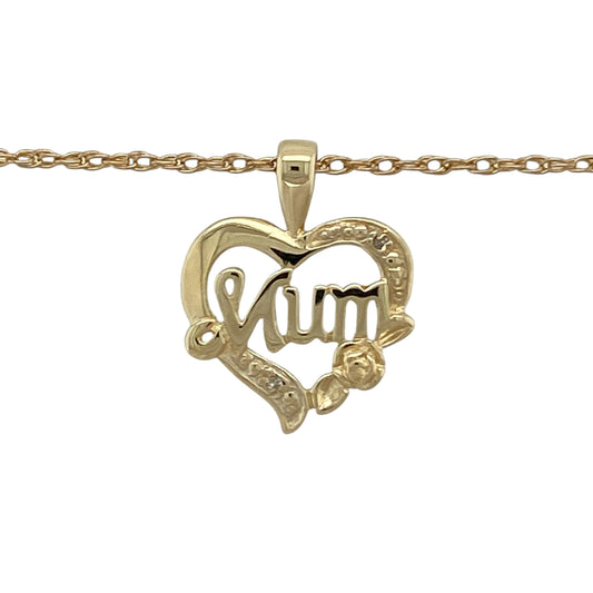 Celebrate love and appreciation with this pre-owned 9ct yellow gold diamond set Mum heart pendant necklace, featuring a meaningful and elegant design—perfect as a thoughtful gift for a special mother.

Design: The pendant is styled in a classic heart shape with the word “Mum” incorporated into the design and accented with sparkling diamonds. Measuring approximately 2cm in length including the bail, the pendant offers a noticeable yet elegant presence.