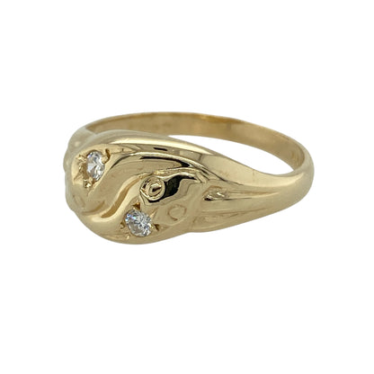 Add a bold and symbolic piece to your jewellery collection with this pre-owned 9ct yellow gold cubic zirconia set snake ring, featuring a distinctive wraparound design—perfect as a statement ring or unique everyday accessory.

Design: The ring is styled in the form of a coiled snake that wraps elegantly around the finger, with small cubic zirconia stones measuring approximately 2mm each adding sparkle along the design. The flowing shape creates a striking and eye-catching silhouette.
