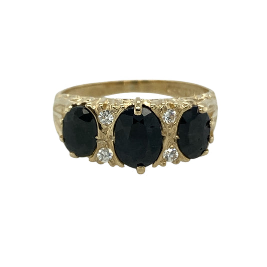 9ct Gold Sapphire & Cubic Zirconia Set Trilogy Ring