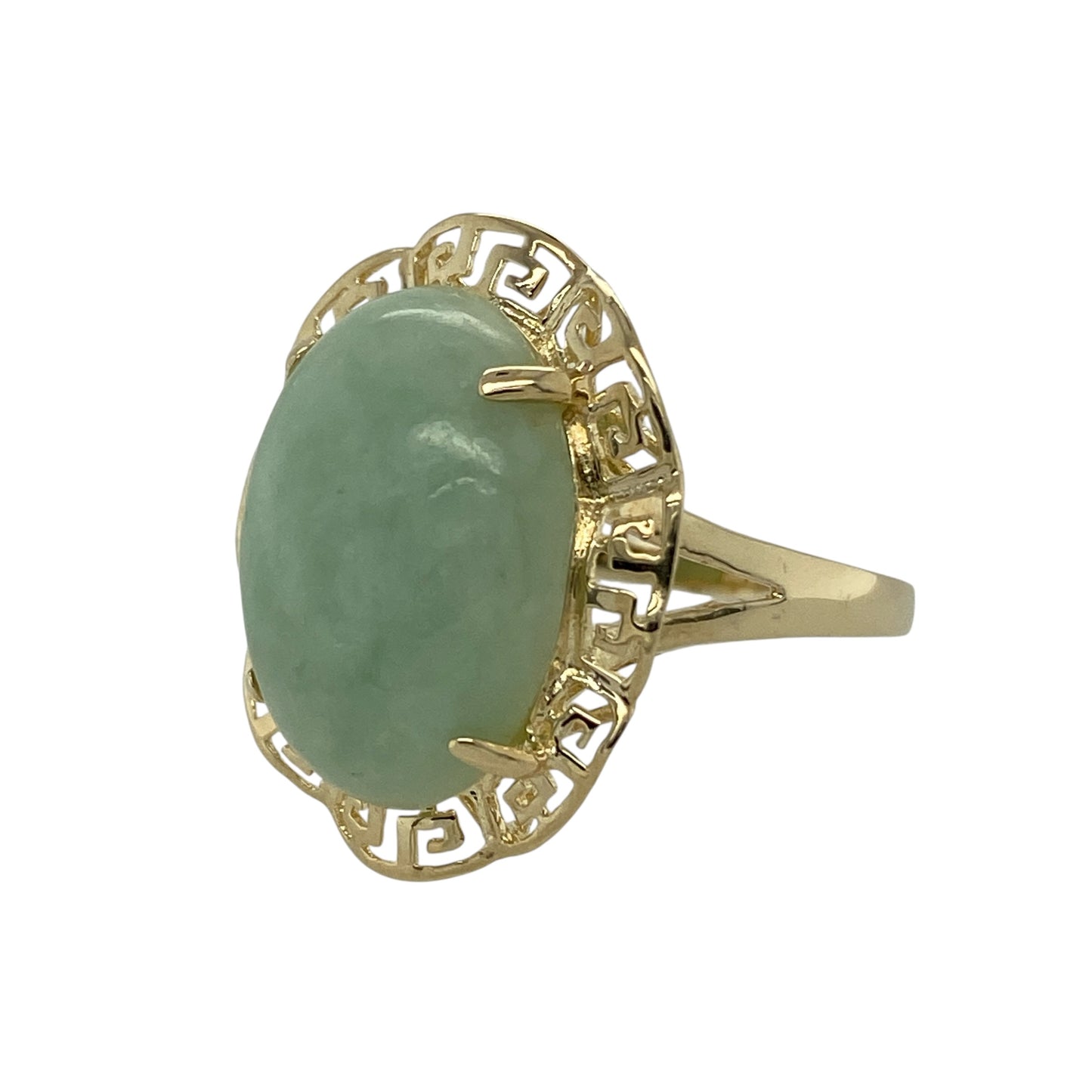 Add bold vintage-inspired style to your jewellery collection with this pre-owned 9ct yellow gold jade Greek key ring, featuring a striking gemstone and decorative surround—perfect as a statement piece or distinctive dress ring.

Design: The ring showcases a large oval jade measuring approximately 17mm by 13mm, creating a strong and eye-catching focal point. The gemstone is framed by an intricate Greek key style surround, adding a classic decorative border that enhances the overall design.