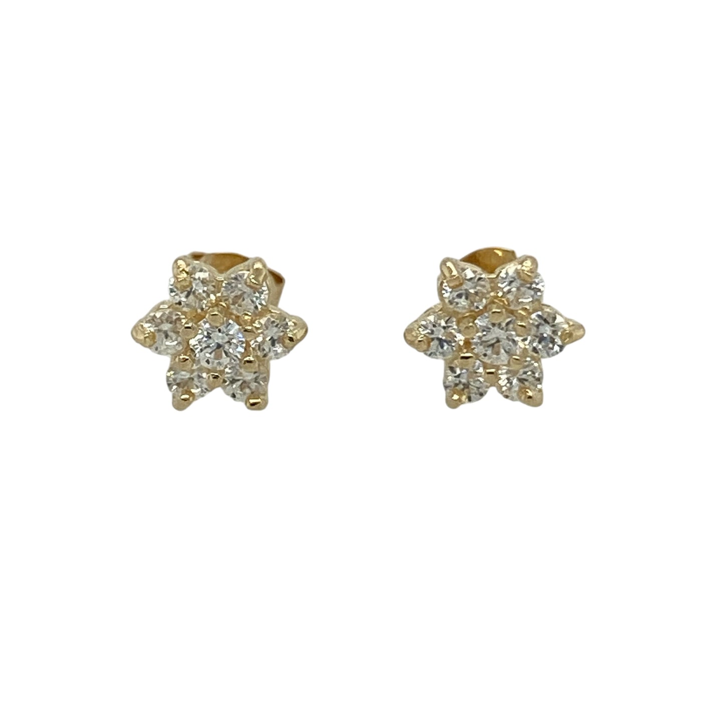 Add delicate sparkle and feminine charm to your jewellery collection with these pre-owned 9ct yellow gold cubic zirconia flower stud earrings, featuring a classic floral design—perfect for everyday wear or a thoughtful gift.

Design: Each stud is styled as a small flower, formed from sparkling cubic zirconia stones arranged to create a pretty floral cluster. The design offers bright light reflection while maintaining a delicate and elegant look.