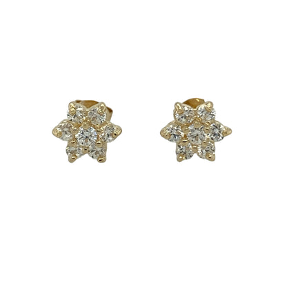 Add delicate sparkle and feminine charm to your jewellery collection with these pre-owned 9ct yellow gold cubic zirconia flower stud earrings, featuring a classic floral design—perfect for everyday wear or a thoughtful gift.

Design: Each stud is styled as a small flower, formed from sparkling cubic zirconia stones arranged to create a pretty floral cluster. The design offers bright light reflection while maintaining a delicate and elegant look.