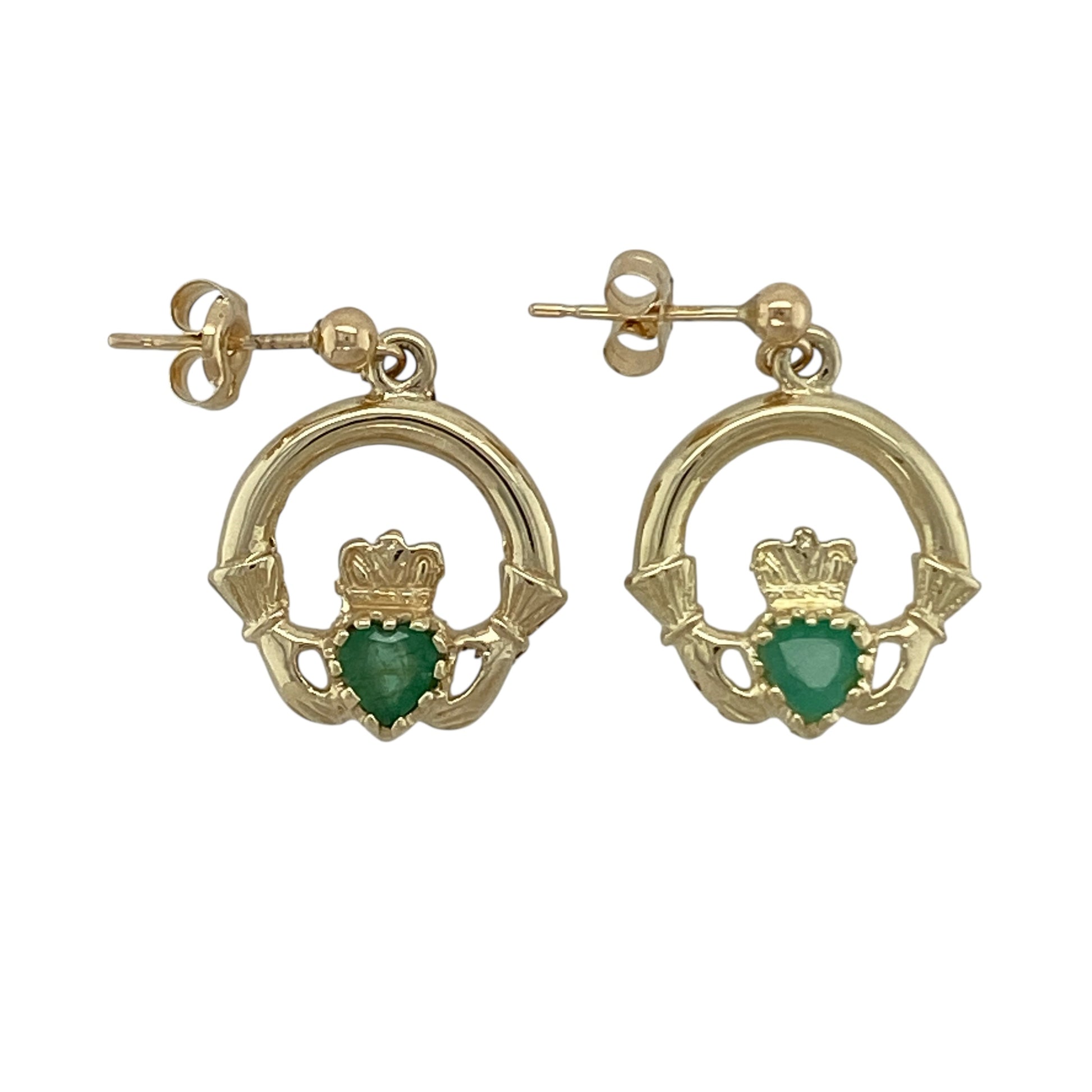 9ct Gold & Green Stone Set Claddagh Drop Earrings