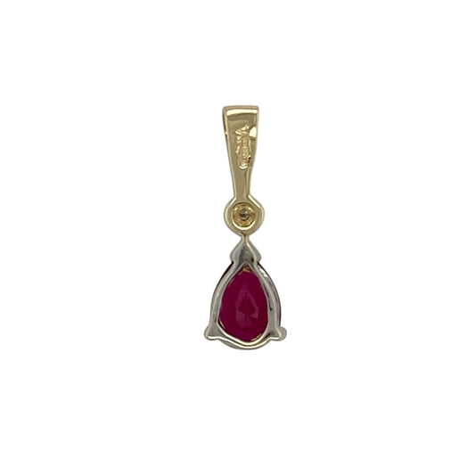 Add rich colour and delicate sparkle to your jewellery collection with this pre-owned 9ct yellow gold diamond and ruby pendant, featuring a timeless gemstone design—perfect for everyday elegance or a thoughtful gift.

Design: The pendant showcases a beautiful teardrop ruby measuring approximately 7mm by 5mm, creating an elegant focal point. The deep red ruby is complemented by sparkling diamond accents that enhance its colour and add refined brilliance.