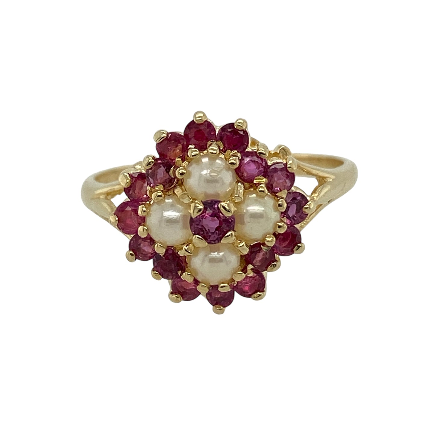 9ct Gold Ruby & Pearl Flower Ring