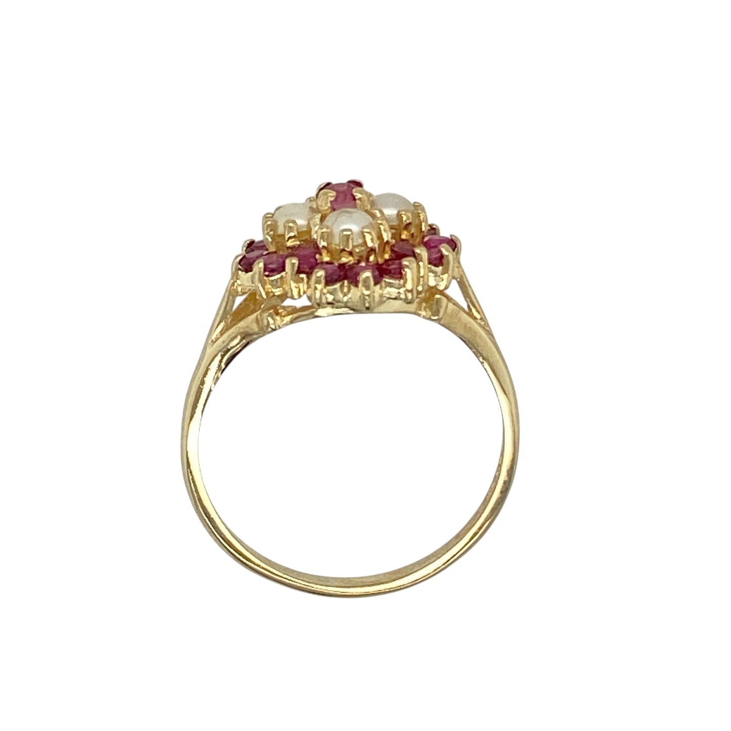 9ct Gold Ruby & Pearl Flower Ring