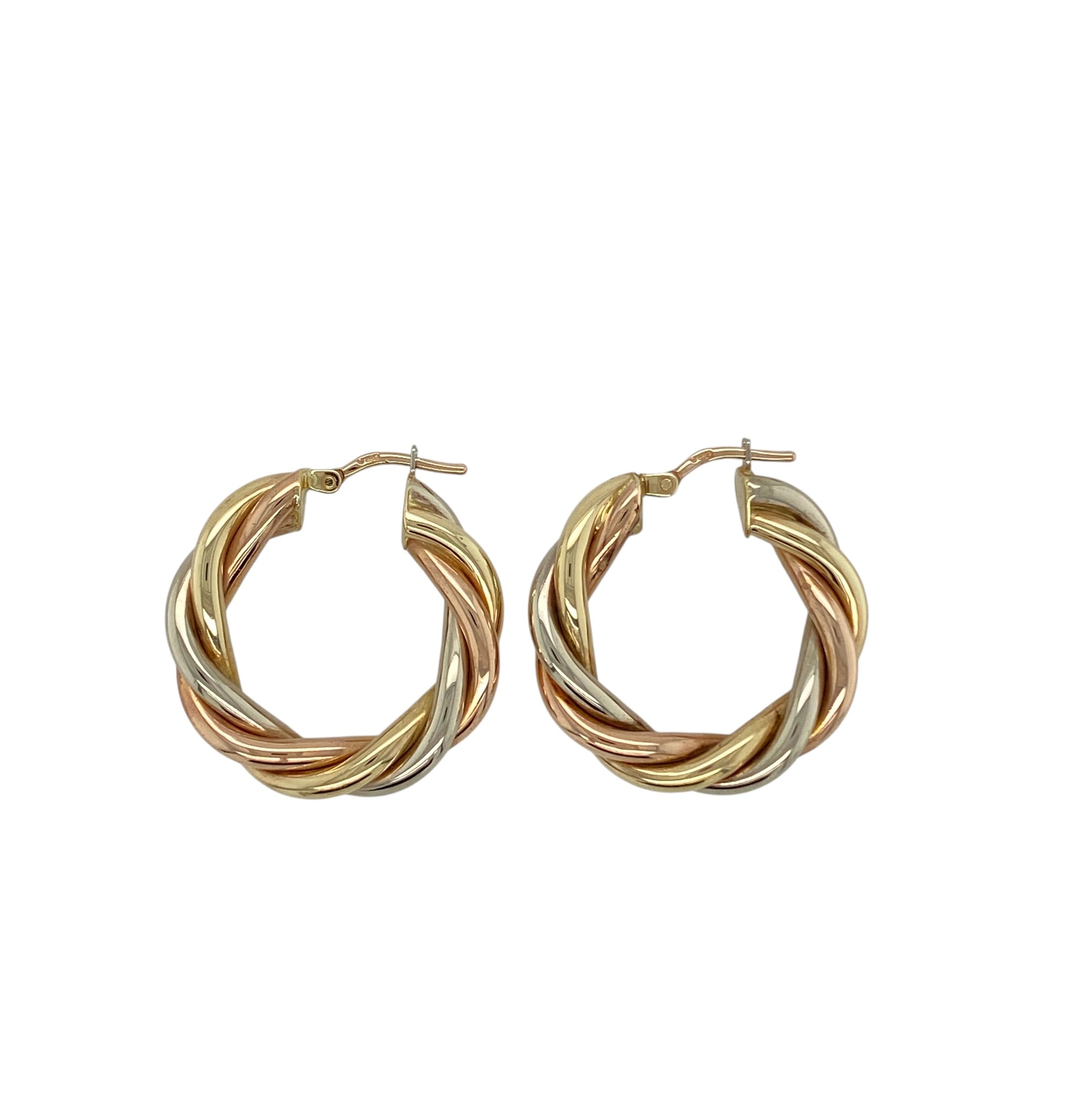 9ct Gold Three Colour Twist Hoop Creole Earrings