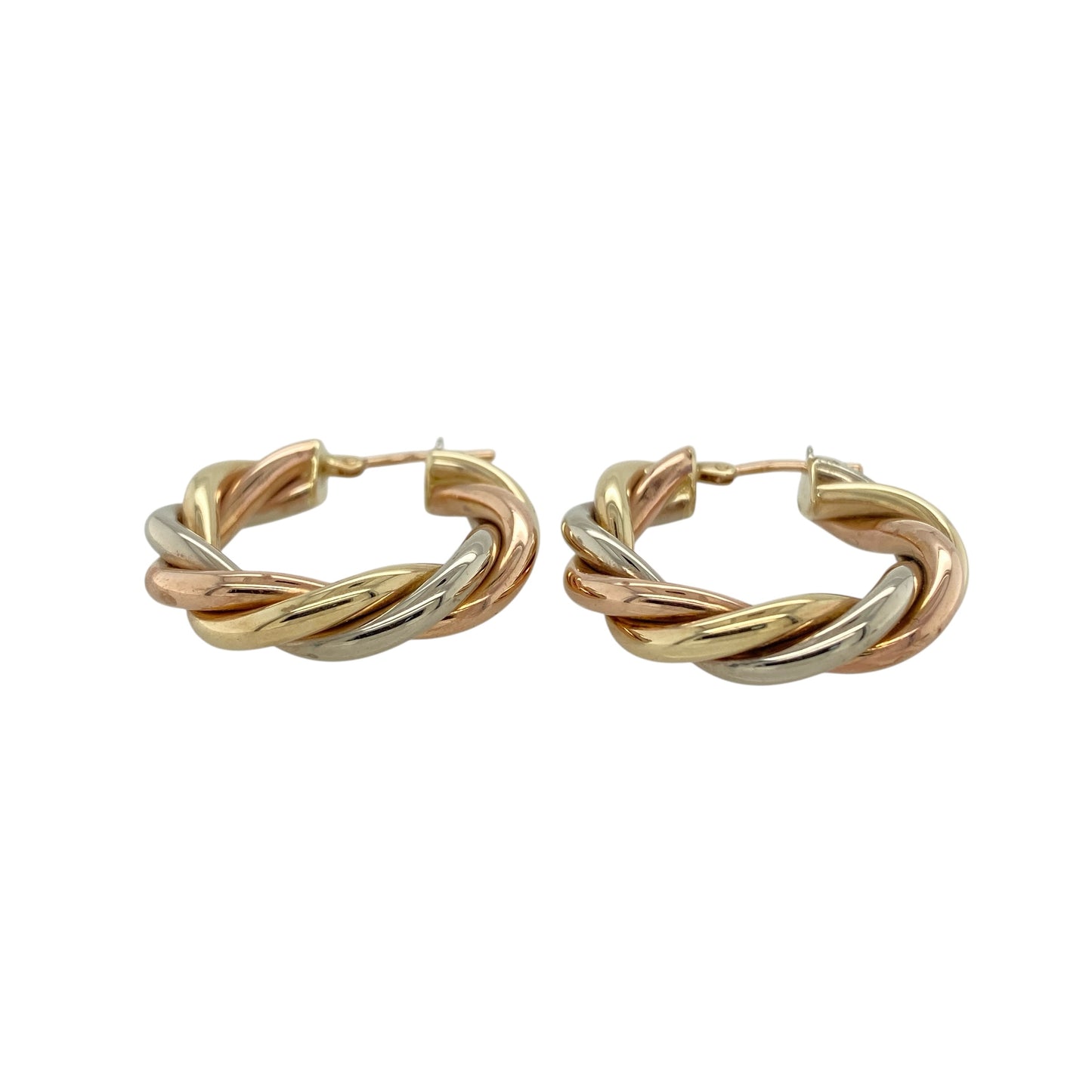 Add bold elegance and versatile style to your jewellery collection with these pre-owned yellow, rose and white gold twist hoop creole earrings, featuring a striking three-colour design—perfect for everyday wear or special occasions.

Design: The earrings feature a twisted hoop creole design combining yellow, rose and white gold strands. The flowing twist pattern creates beautiful movement and contrast between the three gold tones, giving the earrings a distinctive and eye-catching appearance.
