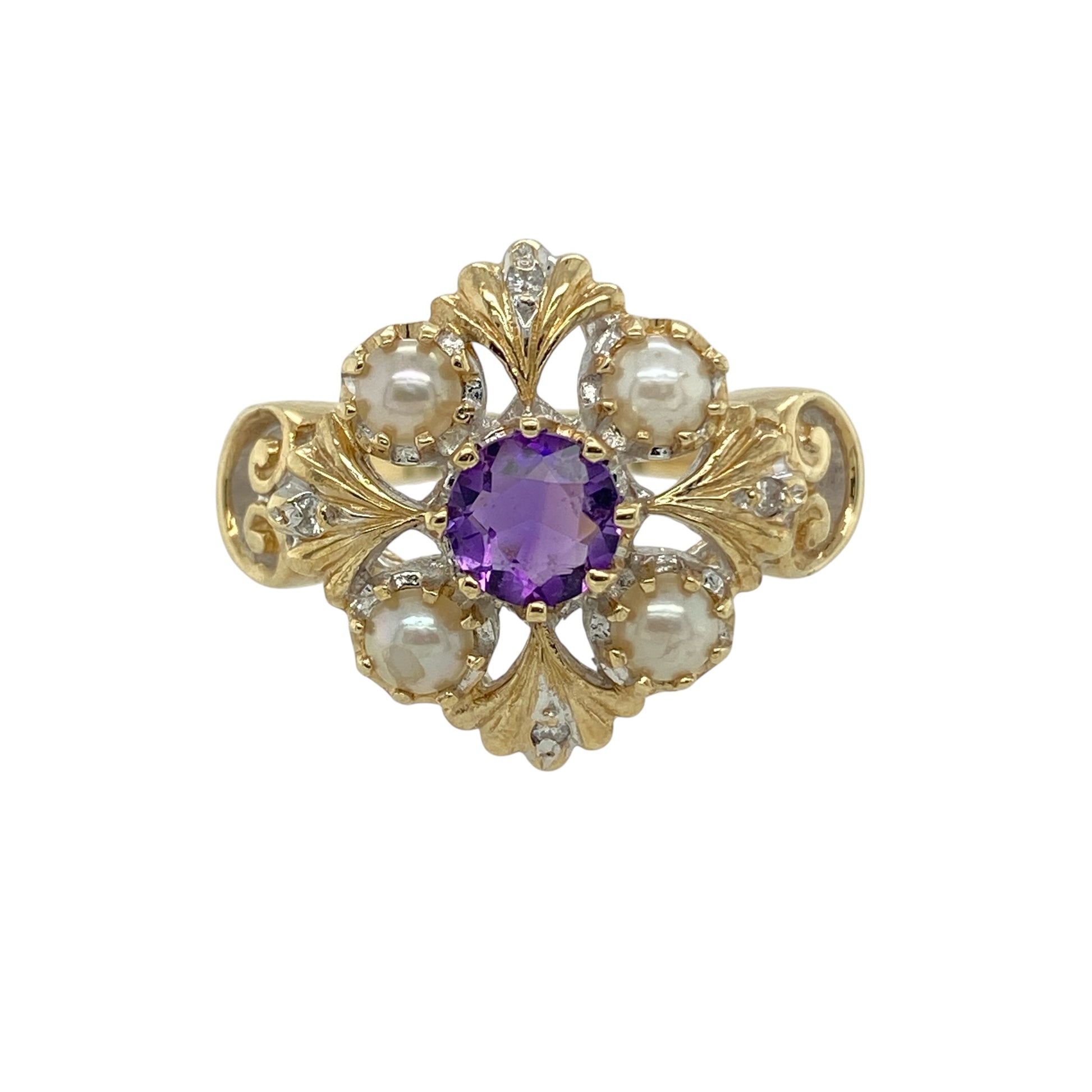 9ct Gold Diamond Purple Stone & Pearl Vintage Style Ring