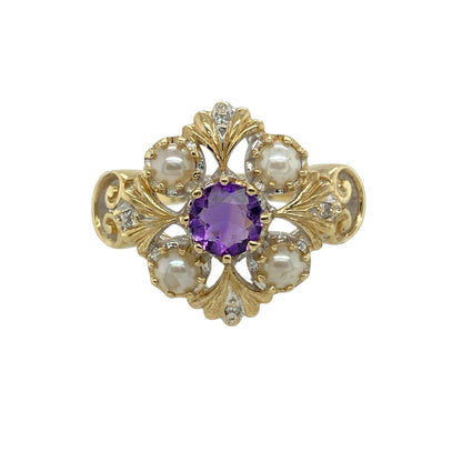 9ct Gold Diamond Purple Stone & Pearl Vintage Style Ring