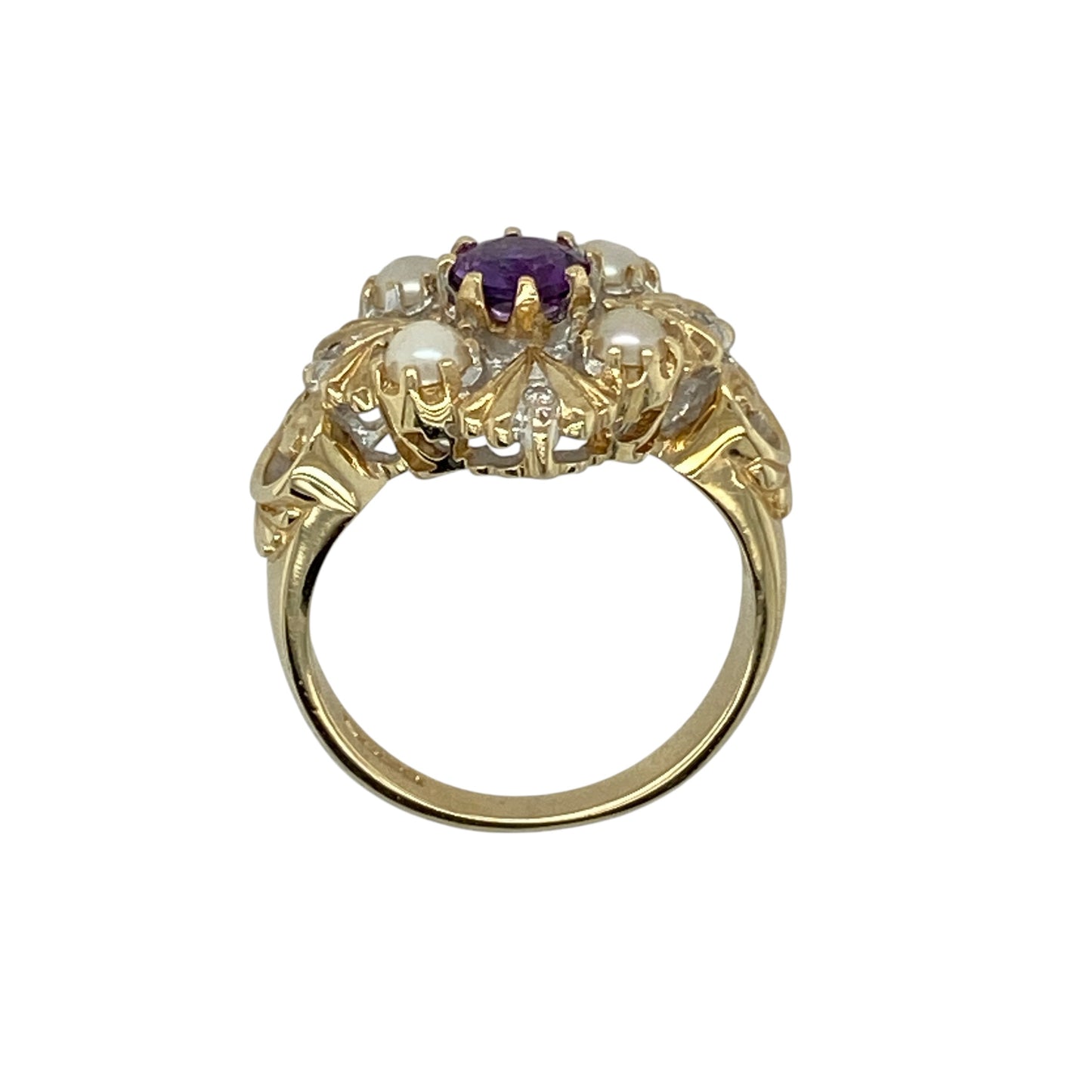 9ct Gold Diamond Purple Stone & Pearl Vintage Style Ring