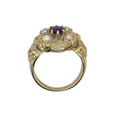 9ct Gold Diamond Purple Stone & Pearl Vintage Style Ring