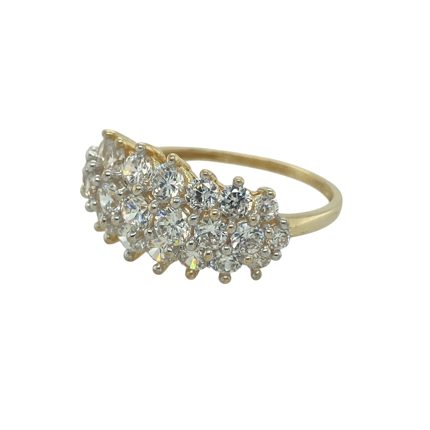 Add elegant sparkle and contemporary style to your jewellery collection with this pre-owned 9ct yellow gold cubic zirconia three row band ring, featuring a bright and eye-catching design—perfect for everyday wear or a stylish dress ring.

Design: The ring features three rows of sparkling cubic zirconia arranged across the front of the band, creating a bold and light-catching display of brilliance. The multi-row design gives the ring a fuller and more striking appearance.
