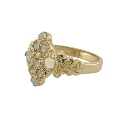 Add vintage-inspired charm and luminous colour to your jewellery collection with this pre-owned 9ct yellow gold Opalique ring, featuring a beautifully iridescent centre stone and elegant vintage-style design—perfect for everyday wear or as a distinctive statement piece.

Design: The ring showcases a striking Opalique centre stone with soft flashes of colour, giving it a classic vintage-inspired appearance. 