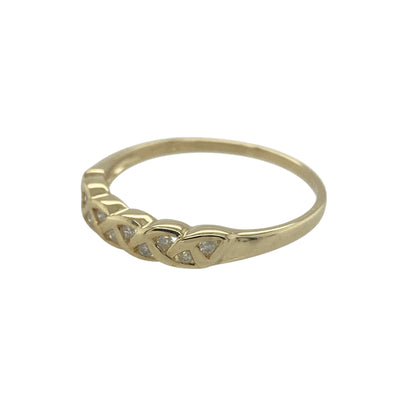 Add subtle sparkle and timeless style to your jewellery collection with this pre-owned 9ct yellow gold diamond set band ring, featuring a classic and versatile design—perfect for everyday wear or stacking with other rings.

Design: The ring features sparkling diamonds arranged along the front of the band, creating a delicate yet eye-catching display of brilliance while maintaining a simple and elegant profile.

