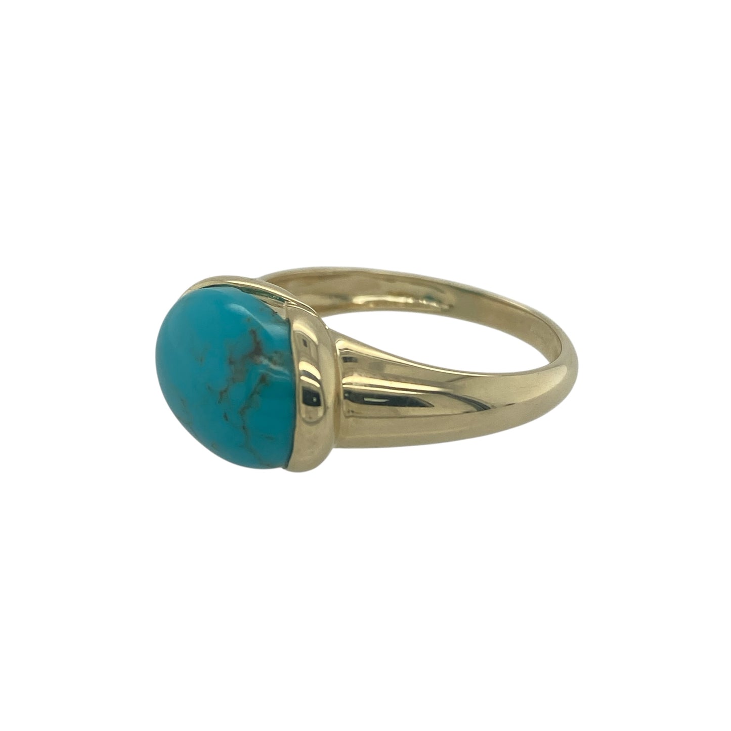 Add vibrant colour and bold style to your jewellery collection with this pre-owned 9ct yellow gold turquoise coloured stone band ring, featuring a striking gemstone and classic design—perfect as a statement piece or standout dress ring.

Design: The ring showcases a large oval turquoise coloured stone measuring approximately 14mm by 10mm, creating a bold and eye-catching focal point. The smooth finish of the stone gives the ring a clean and elegant appearance.
