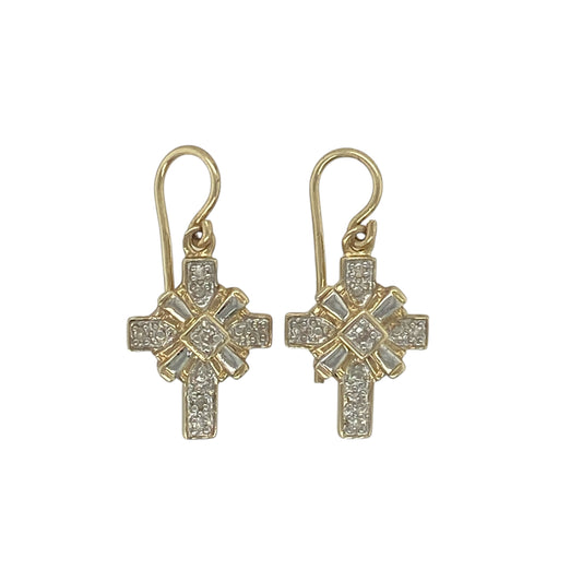 9ct Gold & Diamond Set Fancy Cross Drop Earrings