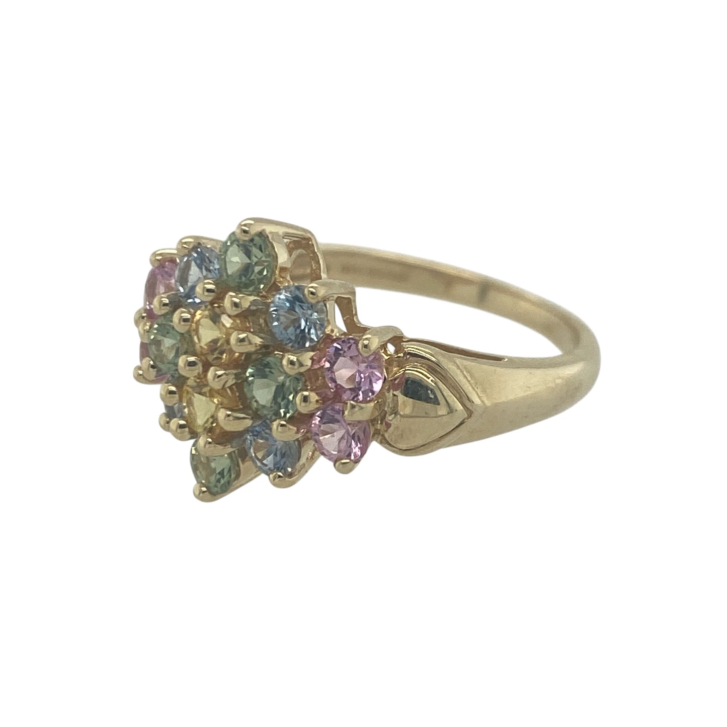 Add vibrant colour and playful elegance to your jewellery collection with this pre-owned 9ct yellow gold multi coloured topaz flower cluster ring, featuring a bright floral design with eye-catching sparkle—perfect for everyday wear or as a standout statement piece.

Design: The ring showcases a flower cluster arrangement set with multi coloured topaz gemstones, each measuring approximately 2mm. 
