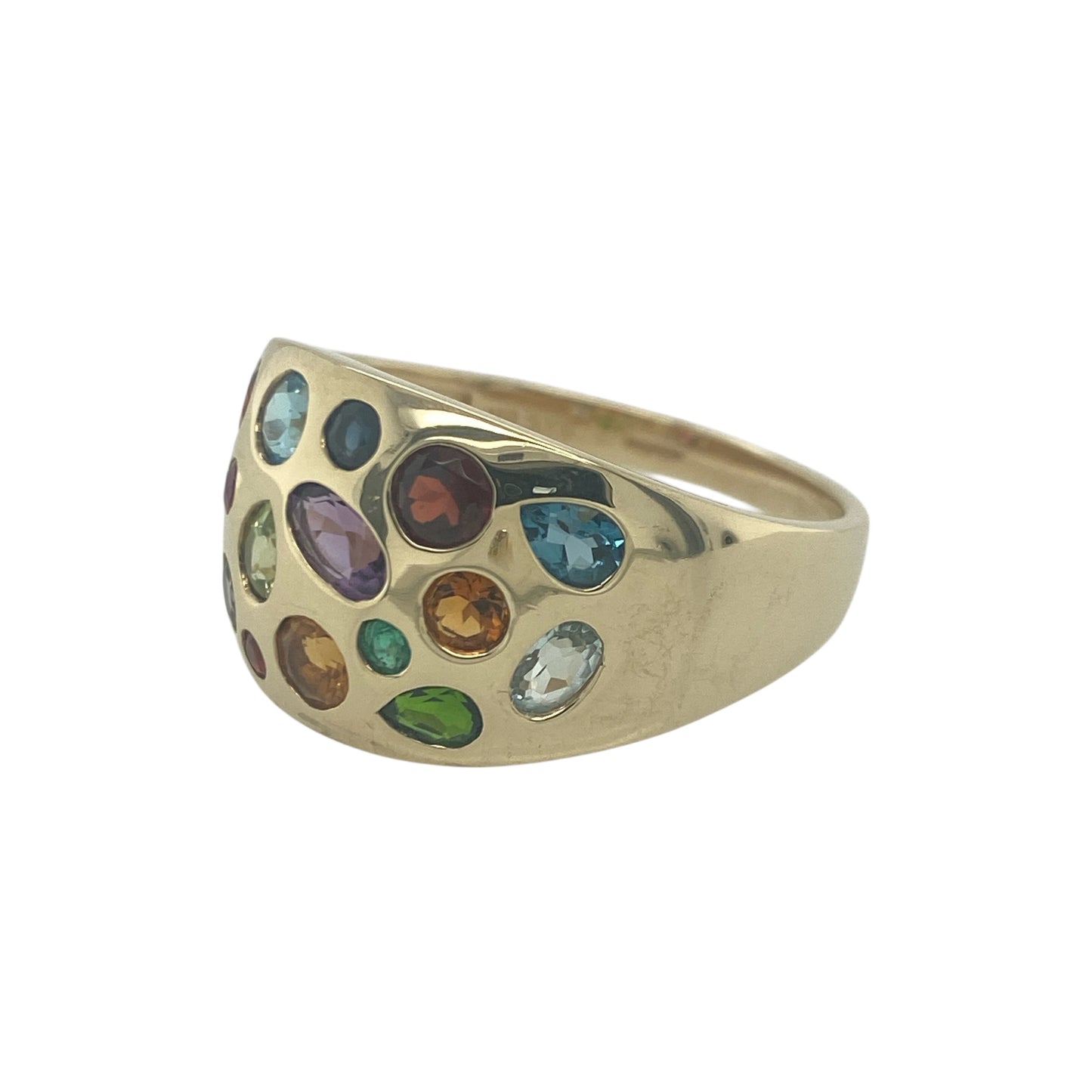 Add bold colour and contemporary style to your jewellery collection with this pre-owned 9ct yellow gold multi coloured stone wide band ring, featuring a striking design with vibrant gemstone detail—perfect for making a statement or elevating everyday wear.

Design: The ring features a wide band design set with an array of multi coloured gemstones, creating a bright and eye-catching display. The broader profile enhances the impact of the colours, giving the ring a modern and distinctive look.
