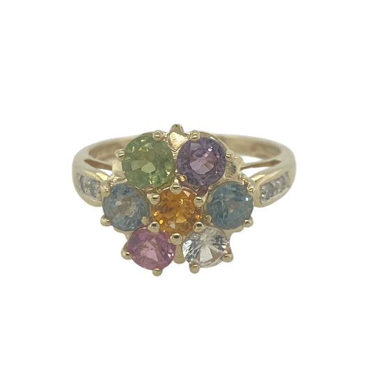 9ct Gold Diamond & Multi Coloured Topaz Flower Ring