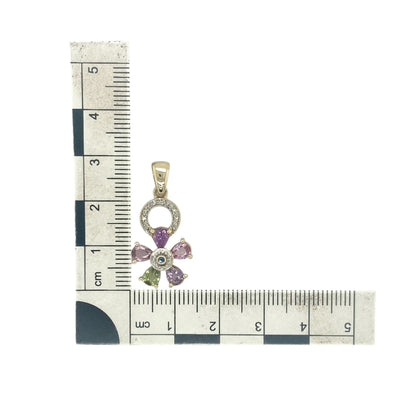 9ct Gold Diamond & Multi Coloured Stone Flower Pendant