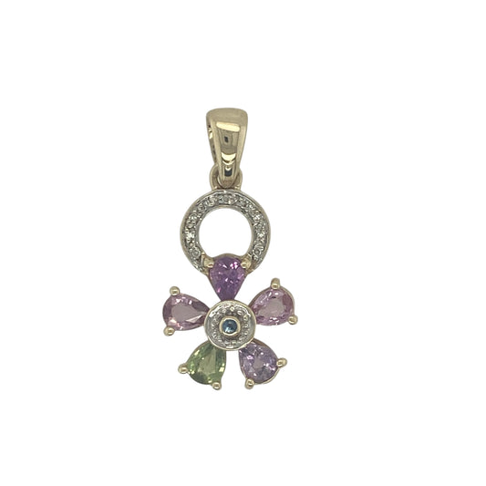 9ct Gold Diamond & Multi Coloured Stone Flower Pendant