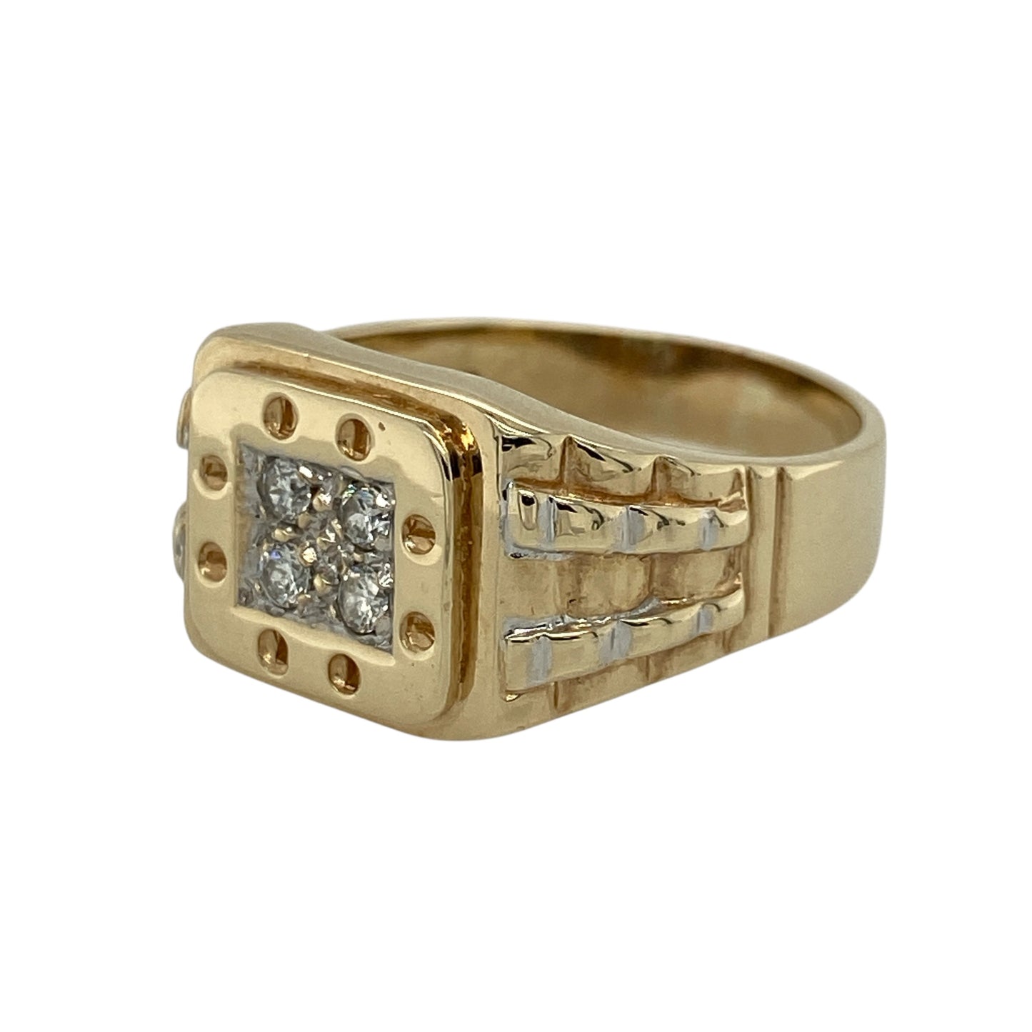 Add bold style and distinctive design to your jewellery collection with this pre-owned 9ct yellow gold cubic zirconia watch strap signet ring, featuring a unique and eye-catching look—perfect as a statement piece.

Design: The ring is styled in a watch strap-inspired design across the front, measuring approximately 12mm high. Four cubic zirconia stones are set centrally, adding sparkle and enhancing the bold structure of the ring.
