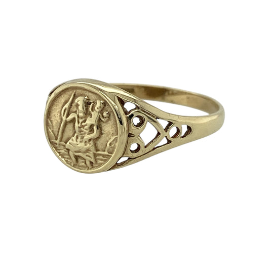 Add a meaningful and classic touch to your jewellery collection with this pre-owned 9ct yellow gold St Christopher signet ring, a timeless piece symbolising protection and guidance—ideal for everyday wear or as a thoughtful gift.

Design: The ring features a traditional oval signet face displaying the iconic St Christopher motif, representing safe travel and protection. Open patterned shoulders add decorative detail and give the ring a lighter, more intricate appearance.