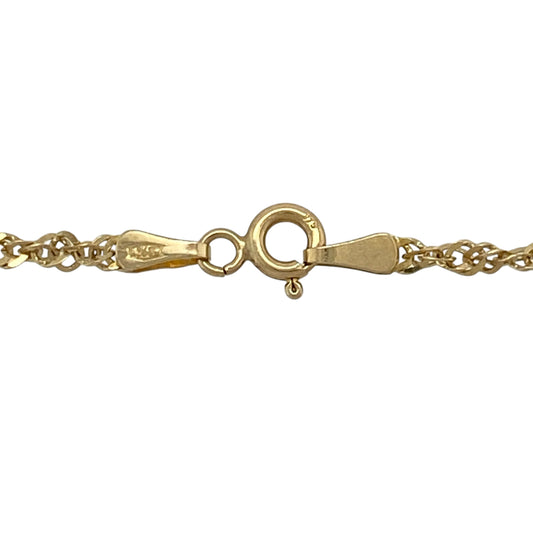 Add a refined and elegant touch to your jewellery collection with this pre-owned 9ct yellow gold 22" Singapore chain, offering graceful movement and subtle shine—perfect for everyday wear or layering.

Design: The chain features a classic Singapore link design, with twisted and faceted links that create a flowing, shimmering effect as it moves.
Material: Made from 9-carat yellow gold, it has a polished finish that enhances its warm tone and reflective quality.