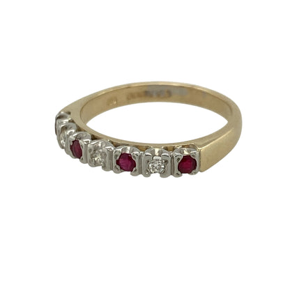 Add a touch of timeless colour and elegance to your jewellery collection with this pre-owned 9ct yellow and white gold diamond and ruby set band ring, combining classic gemstones with a refined two-tone design—perfect for everyday wear or special occasions.

Design: The ring features a slim band design set with alternating rubies and diamonds, creating a balanced and eye-catching contrast of rich red and sparkling white tones.