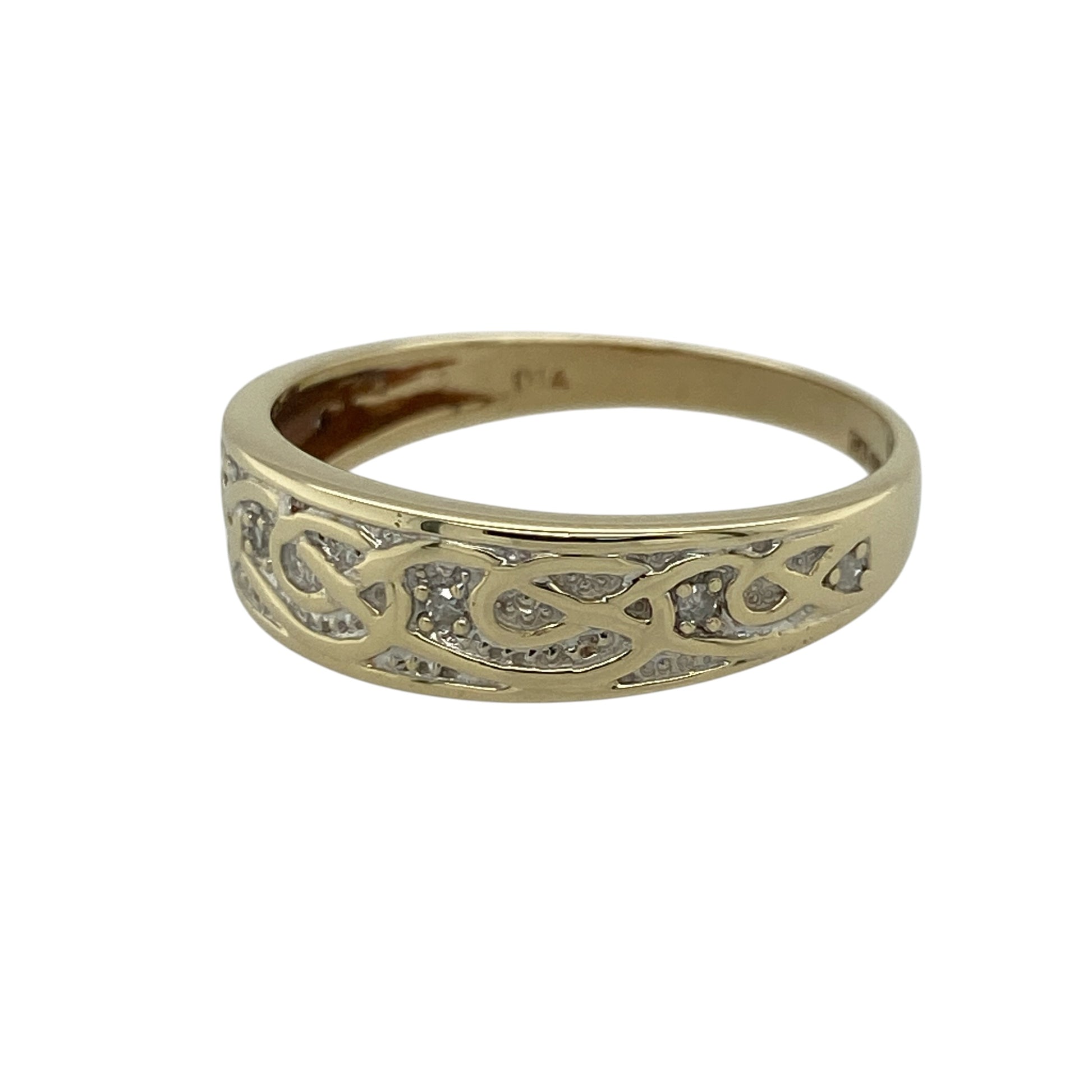 Add a meaningful and stylish piece to your jewellery collection with this pre-owned 9ct yellow and white gold diamond set Celtic weave band ring, combining traditional symbolism with contemporary elegance—perfect for everyday wear or special occasions.

Design: The ring features an intricate Celtic weave design across the band, symbolising eternity and connection, enhanced by diamond detailing for added sparkle.