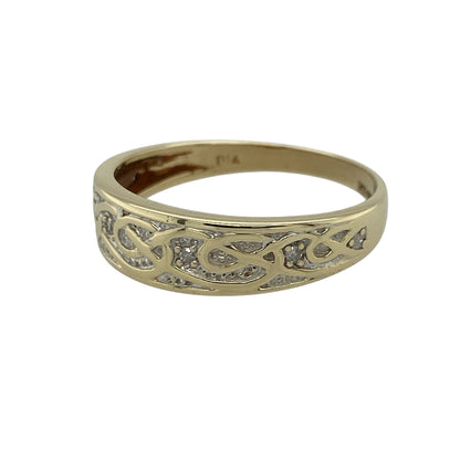 Add a meaningful and stylish piece to your jewellery collection with this pre-owned 9ct yellow and white gold diamond set Celtic weave band ring, combining traditional symbolism with contemporary elegance—perfect for everyday wear or special occasions.

Design: The ring features an intricate Celtic weave design across the band, symbolising eternity and connection, enhanced by diamond detailing for added sparkle.